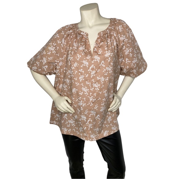 LANE BRYANT Tan Beige & White Floral Short-Puff Sleeve Split-Neck Top Blouse, 18 - Picture 5 of 14